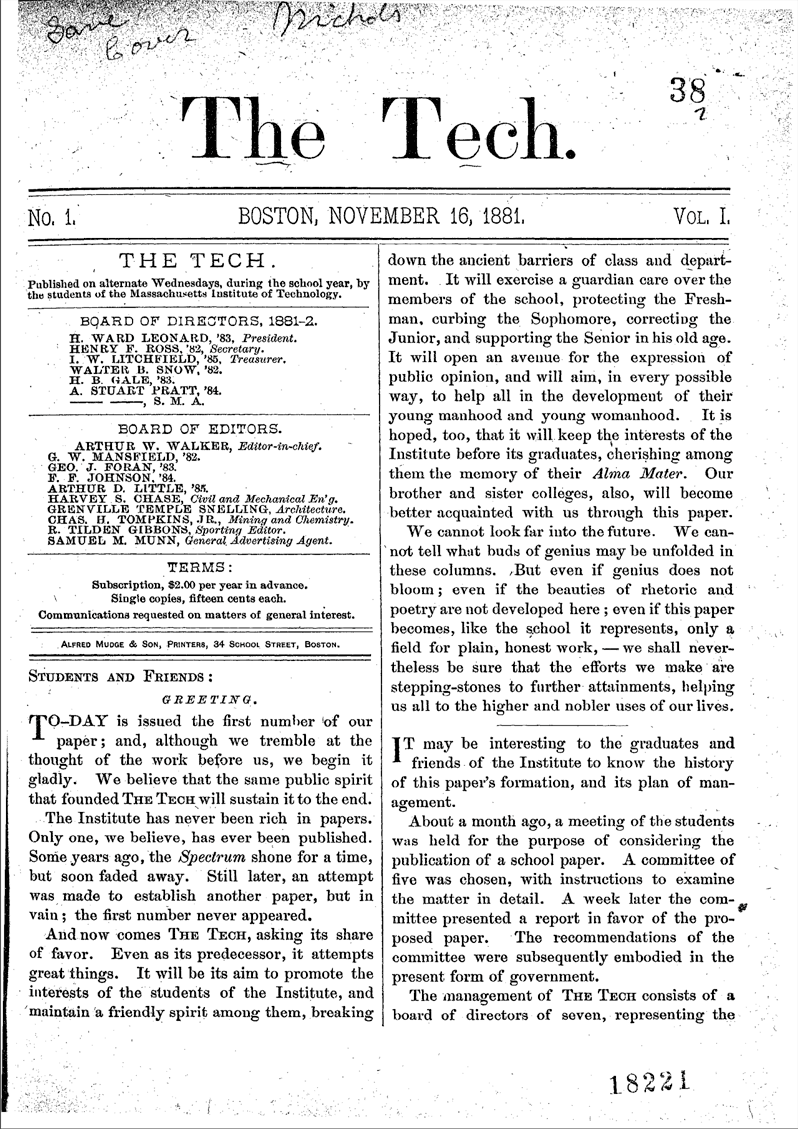 scan of the first page of The Tech newspaper
