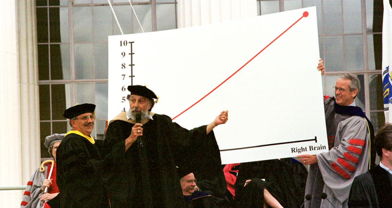 Photo of Tom and Ray in front of a fake line chart held up by then MIT President Charles M. Vest